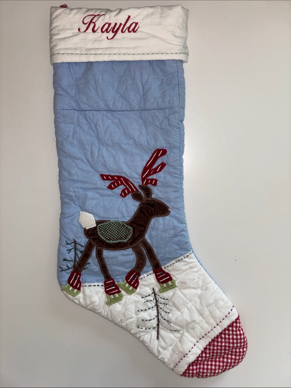 Pottery Barn “Kayla” Kids Light Blue & White Quilted Reindeer Stocking